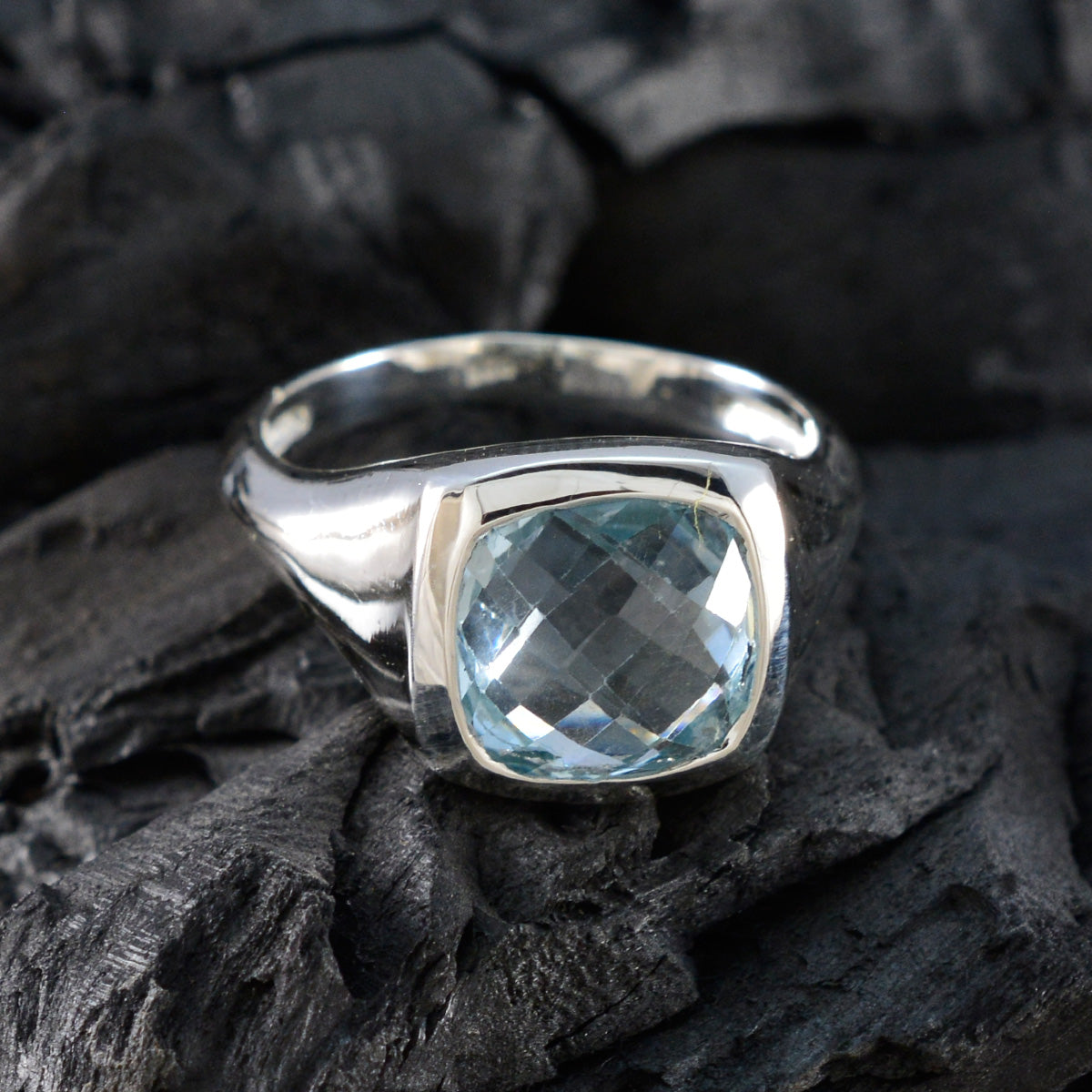 Blue Topaz Solitaire French Sterling Silver Blue Gemstone Eye catching Abstract Ring Jewelry