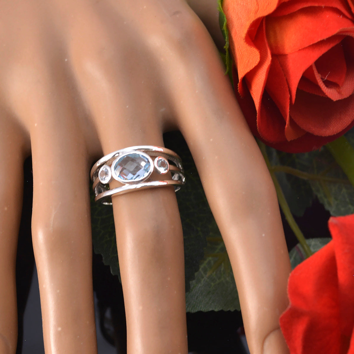 Blue Topaz Trilogy French Sterling Silver Blue Gems Tiny Contemporary Ring Jewellery