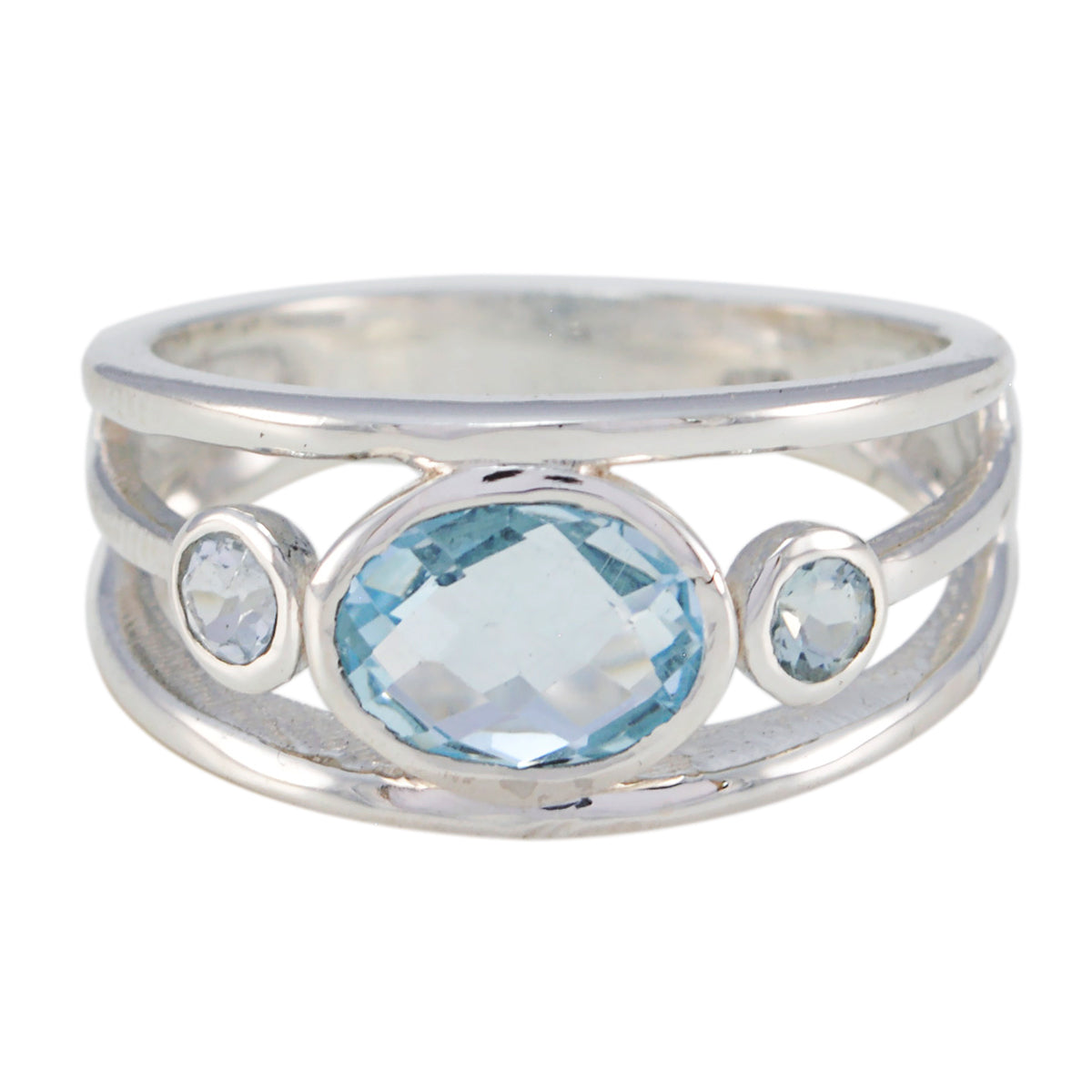 Blue Topaz Trilogy French Sterling Silver Blue Gems Tiny Contemporary Ring Jewellery