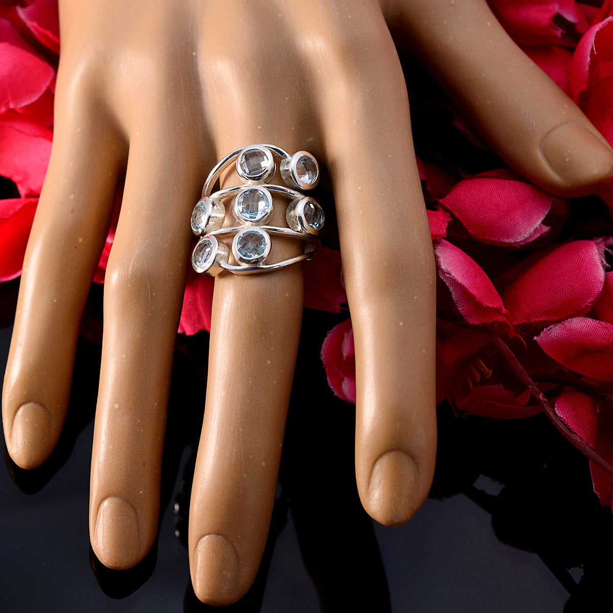 Blue Topaz Hepta German 925 Silver Blue Gemstones Mid weight Luxurious Ring Jewellery