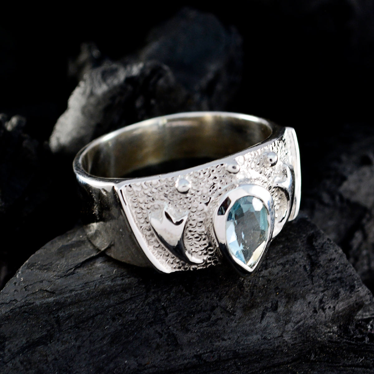 Blue Topaz Solitaire French 925 Silver Blue Gems Edgy Love Ring Jewelry