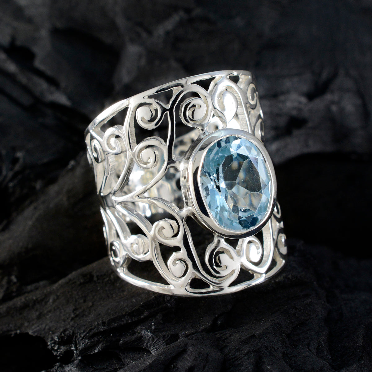 Blue Topaz Solitaire Australian 925 Silver Blue Gemstones Eye catching Filigree Ring Jewelry