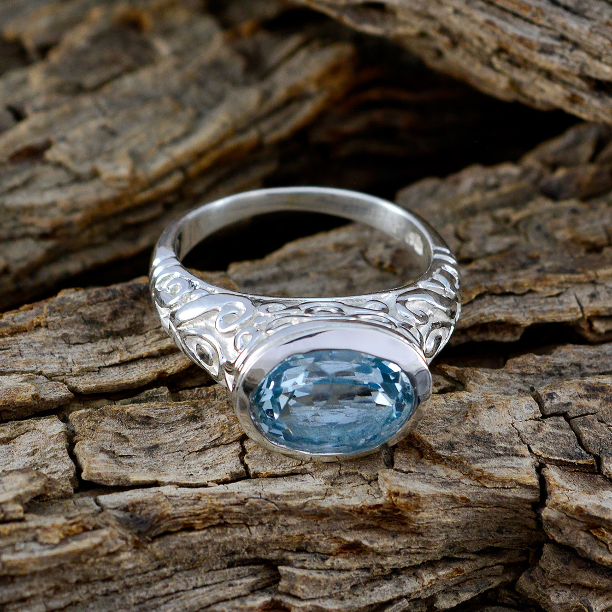 Blue Topaz Solitaire Egyptian 925 Silver Blue Gemstone Minimal Art Deco Ring Jewellery