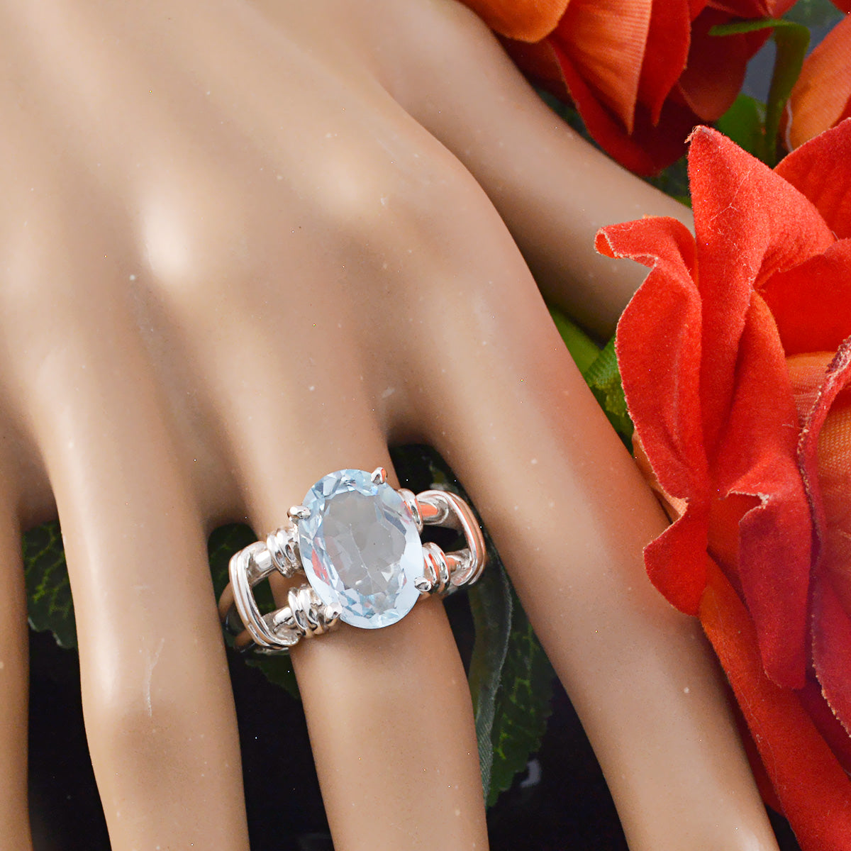 Blue Topaz Solitaire Spanish 925 Sterling Silver Blue Gems Eye catching Rope Wire Ring Jewelry