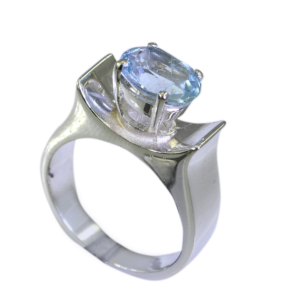 Blue Topaz Solitaire Indian 92.5 Silver Blue Gemstones Mid weight Romantic Ring Jewelry
