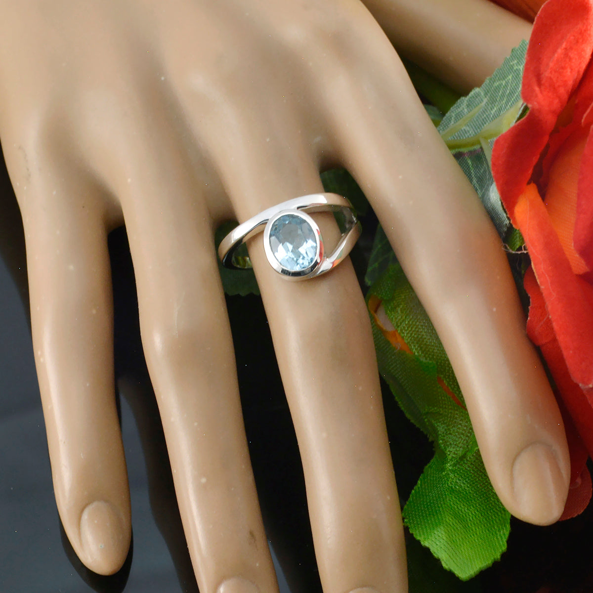 Blue Topaz Solitaire French 925 Silver Blue Gemstone Tiny Boho Ring Jewellery