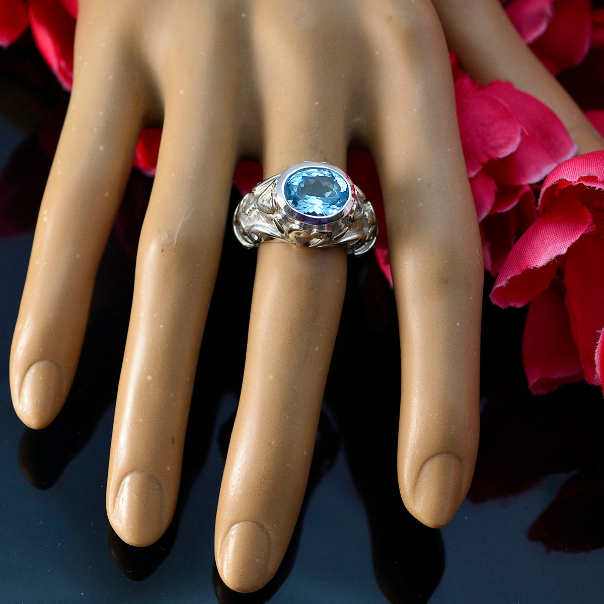 Blue Topaz Solitaire Moroccan Sterling Silver Blue Gemstones Edgy antique Ring Jewellery