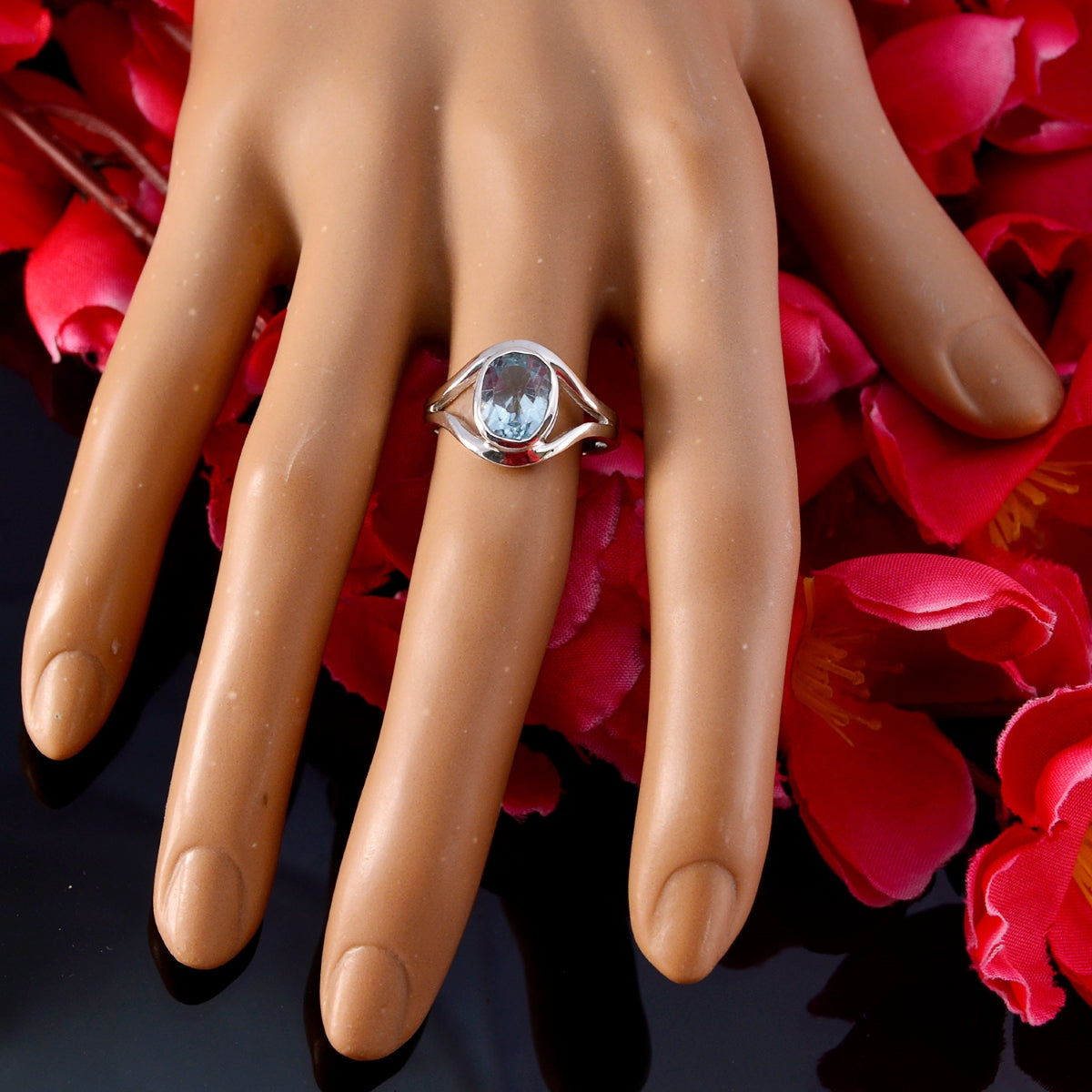 Blue Topaz Solitaire Japanese 92.5 Silver Blue Gemstones Whisper thin Trendy Ring Jewelry