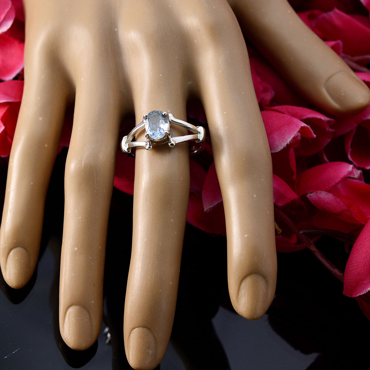 Blue Topaz Solitaire Russian Sterling Silver Blue Gemstones Slim Traditional Ring Jewelry