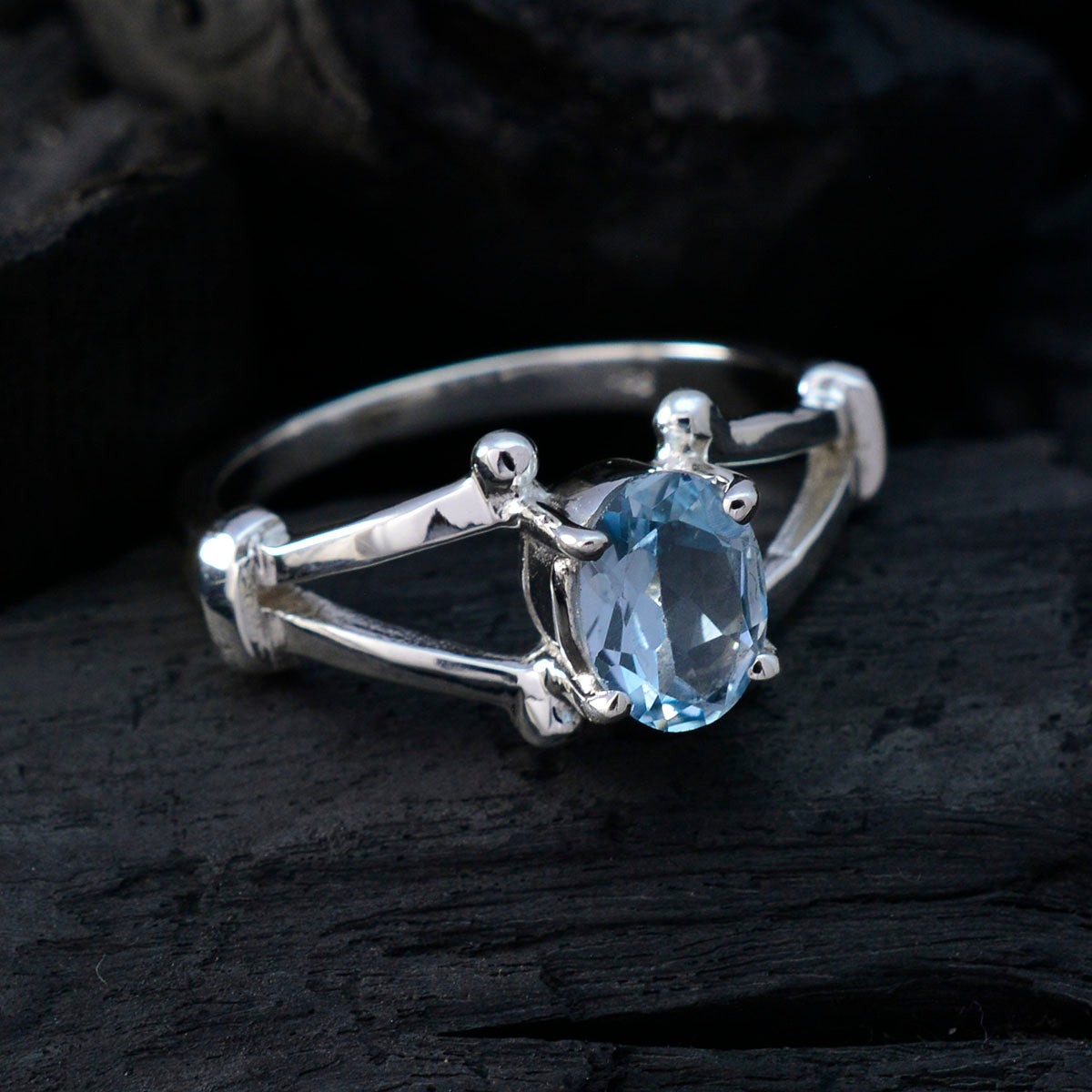Blue Topaz Solitaire Russian Sterling Silver Blue Gemstones Slim Traditional Ring Jewelry