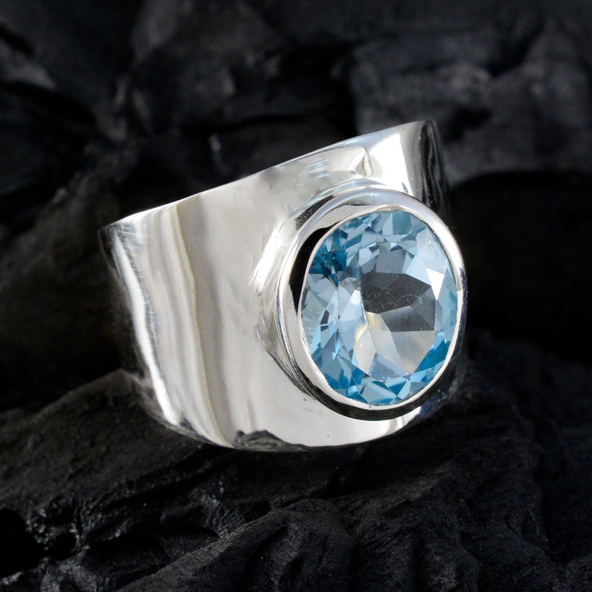 Blue Topaz Solitaire French 925 Sterling Silver Blue Gemstones Versatile Armor Ring Jewellery