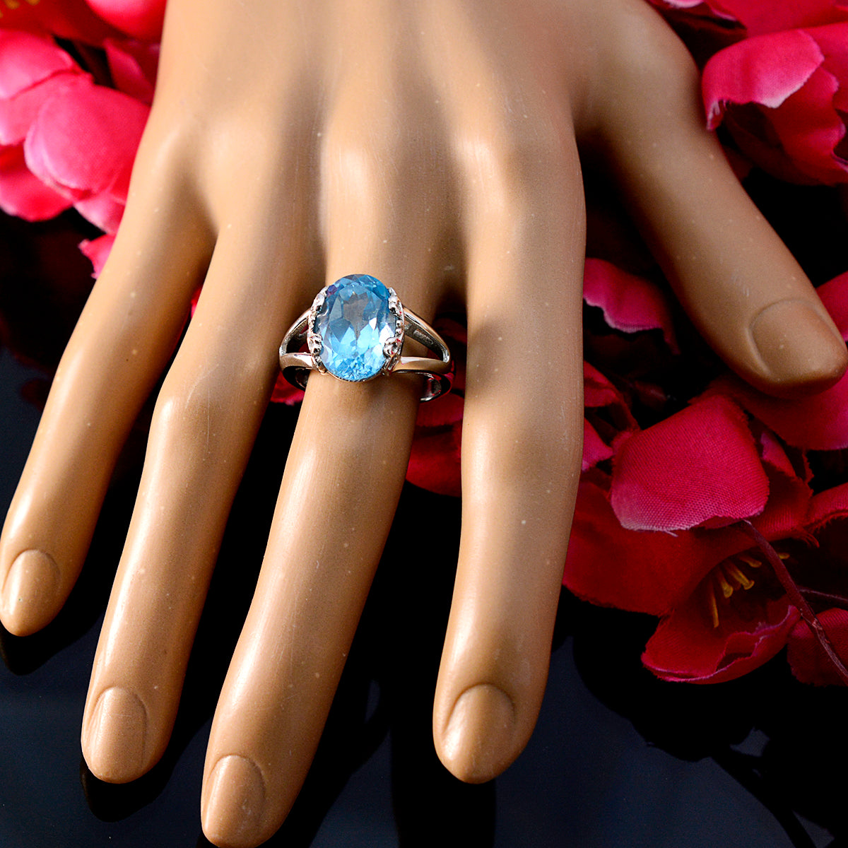 Blue Topaz Solitaire Russian 92.5 Silver Blue Gemstones Classic  Luxurious Ring Jewellery