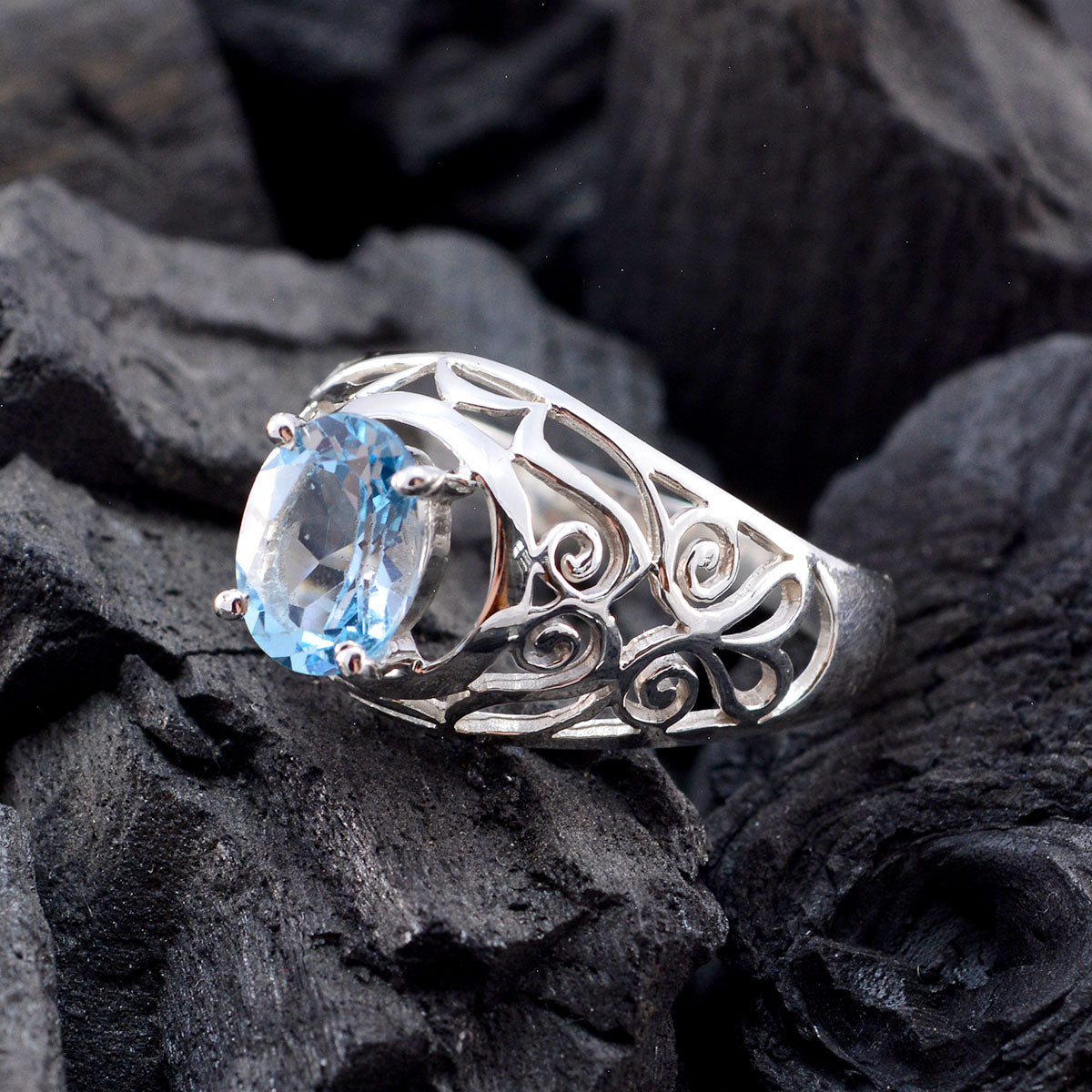 Blue Topaz Solitaire Australian 925 Sterling Silver Blue Gemstones Featherlight Filigree Ring Jewelry