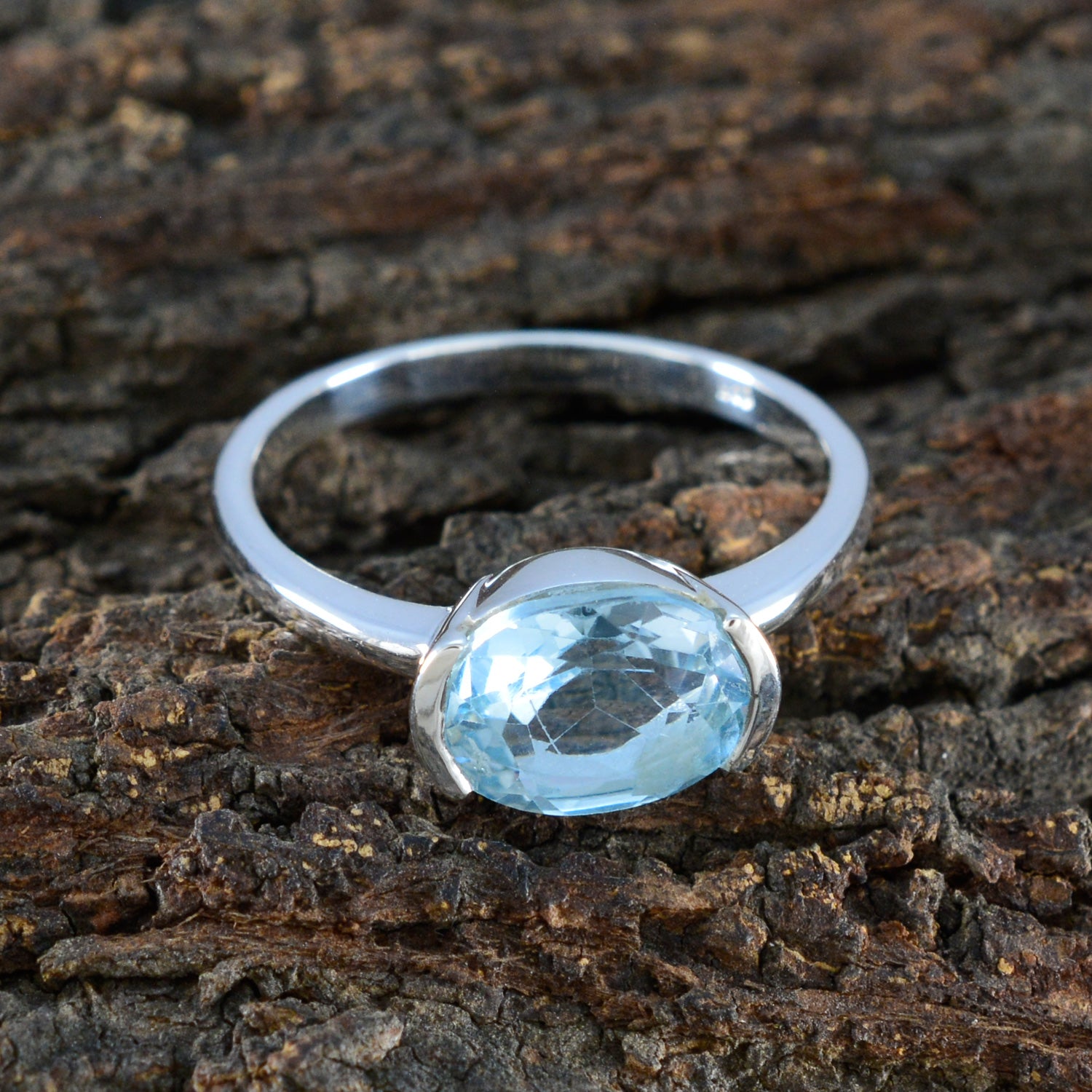 Blue Topaz Solitaire Turkish 92.5 Silver Blue Gemstones Whisper thin Abstract Ring Jewelry