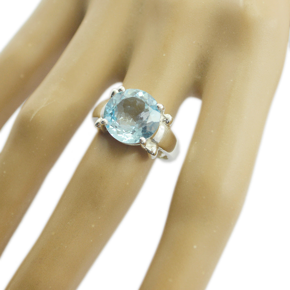 Blue Topaz Solitaire French 925 Silver Blue Gems Classic  Modern Ring Jewelry