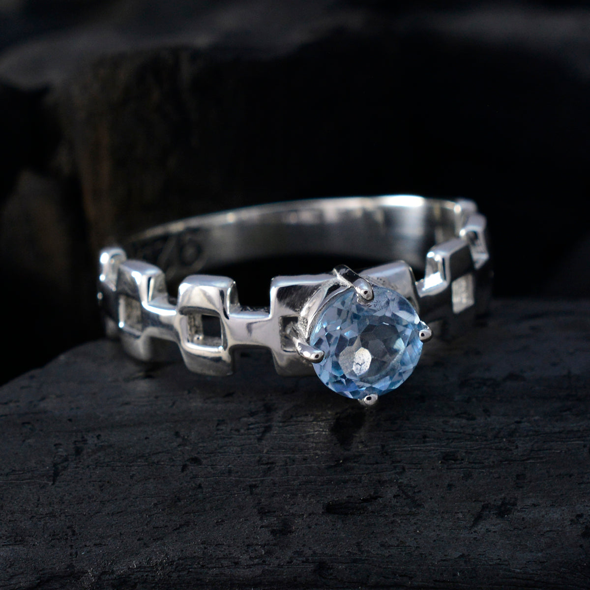Blue Topaz Solitaire French 92.5 Silver Blue Gemstones Slim Trendy Ring Jewellery