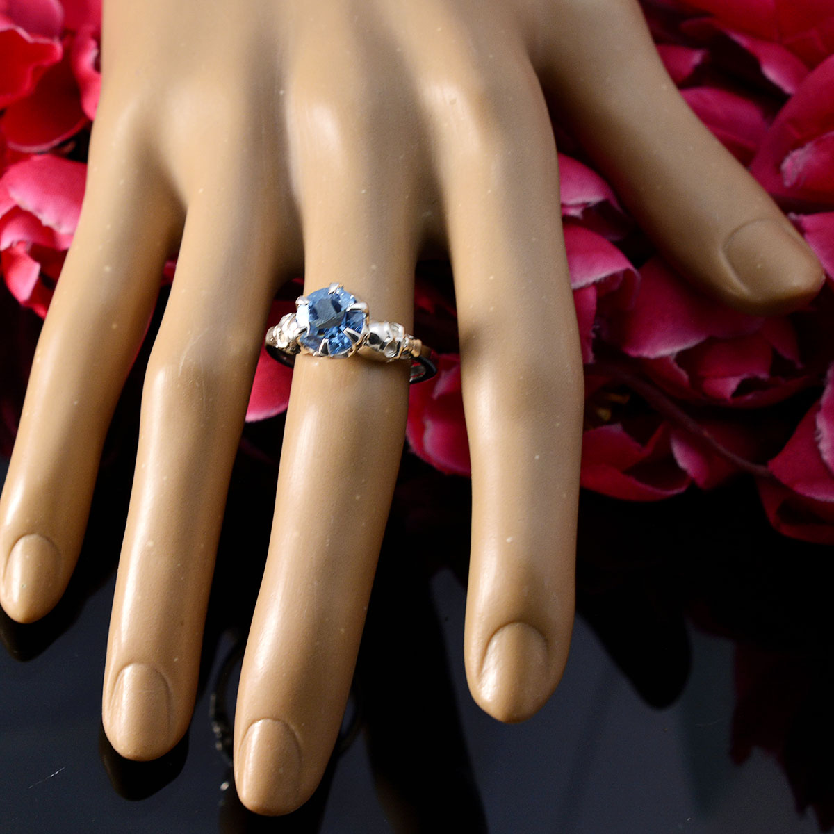 Blue Topaz Solitaire Russian Silver Blue Gems Slim Trendy Ring Jewellery