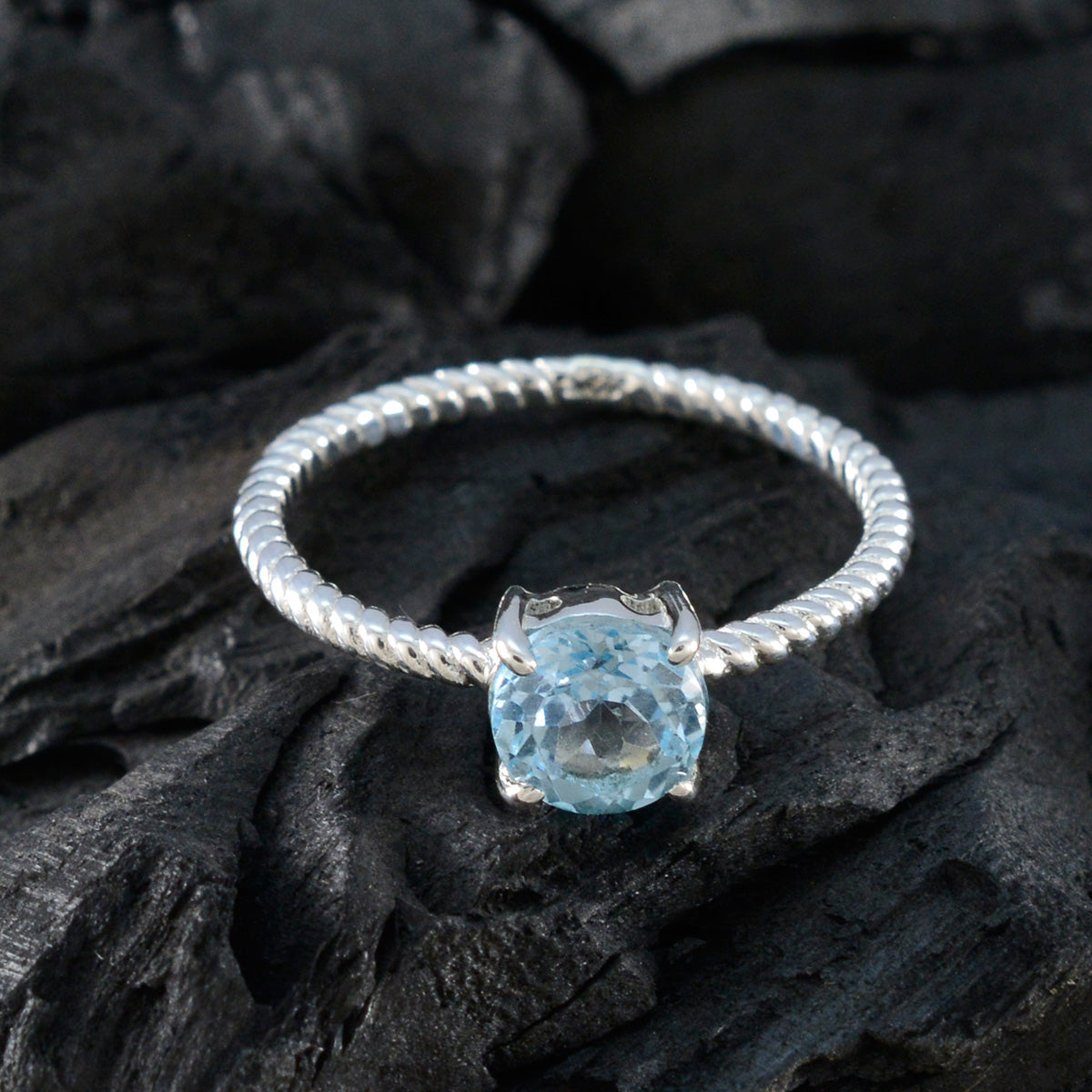 Blue Topaz Solitaire Japanese 925 Sterling Silver Blue Gemstone Delicate Twist Ring Jewelry