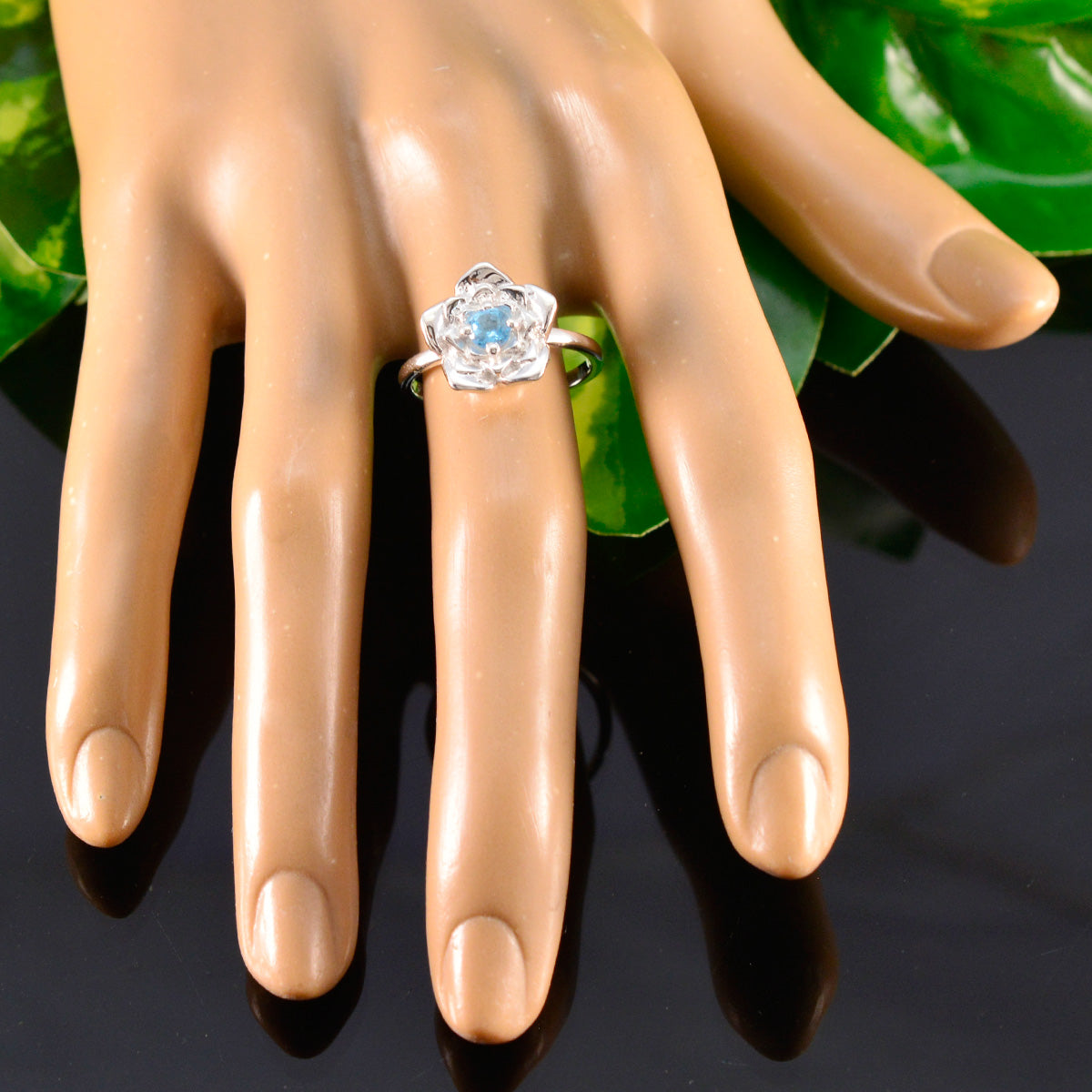 Blue Topaz Solitaire Russian 92.5 Silver Blue Gemstones Tiny Floral Ring Jewelry