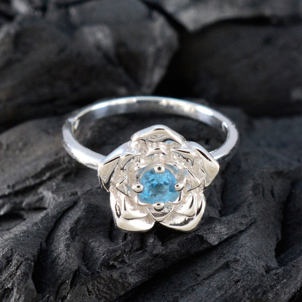 Blue Topaz Solitaire Russian 92.5 Silver Blue Gemstones Tiny Floral Ring Jewelry