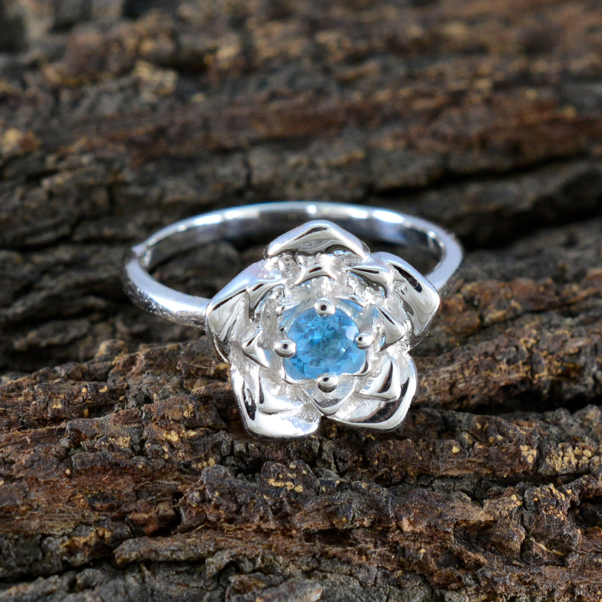 Blue Topaz Solitaire Russian 92.5 Silver Blue Gemstones Tiny Floral Ring Jewelry