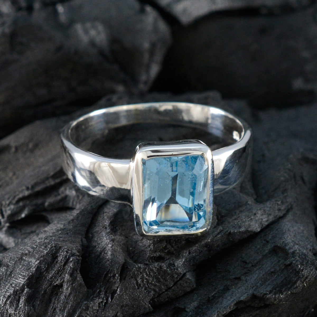 Blue Topaz Solitaire French 925 Sterling Silver Blue Gemstones Slim Cultural Ring Jewellery