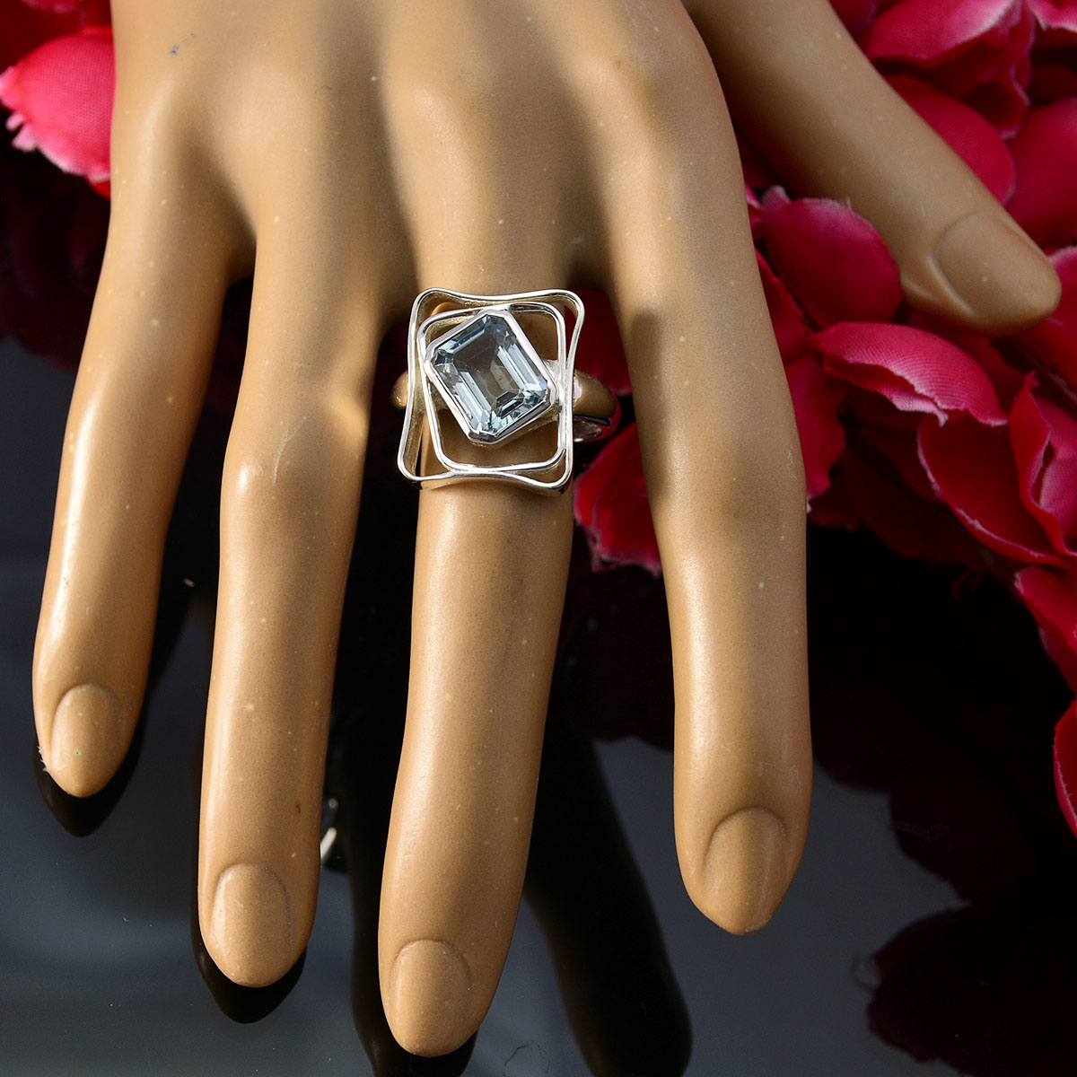 Blue Topaz Solitaire Moroccan 92.5 Silver Blue Gemstone Mid weight Signet Ring Jewelry