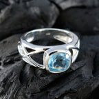 Blue Topaz Solitaire Russian 92.5 Silver Blue Gemstone Tiny Trendy Ring Jewelry
