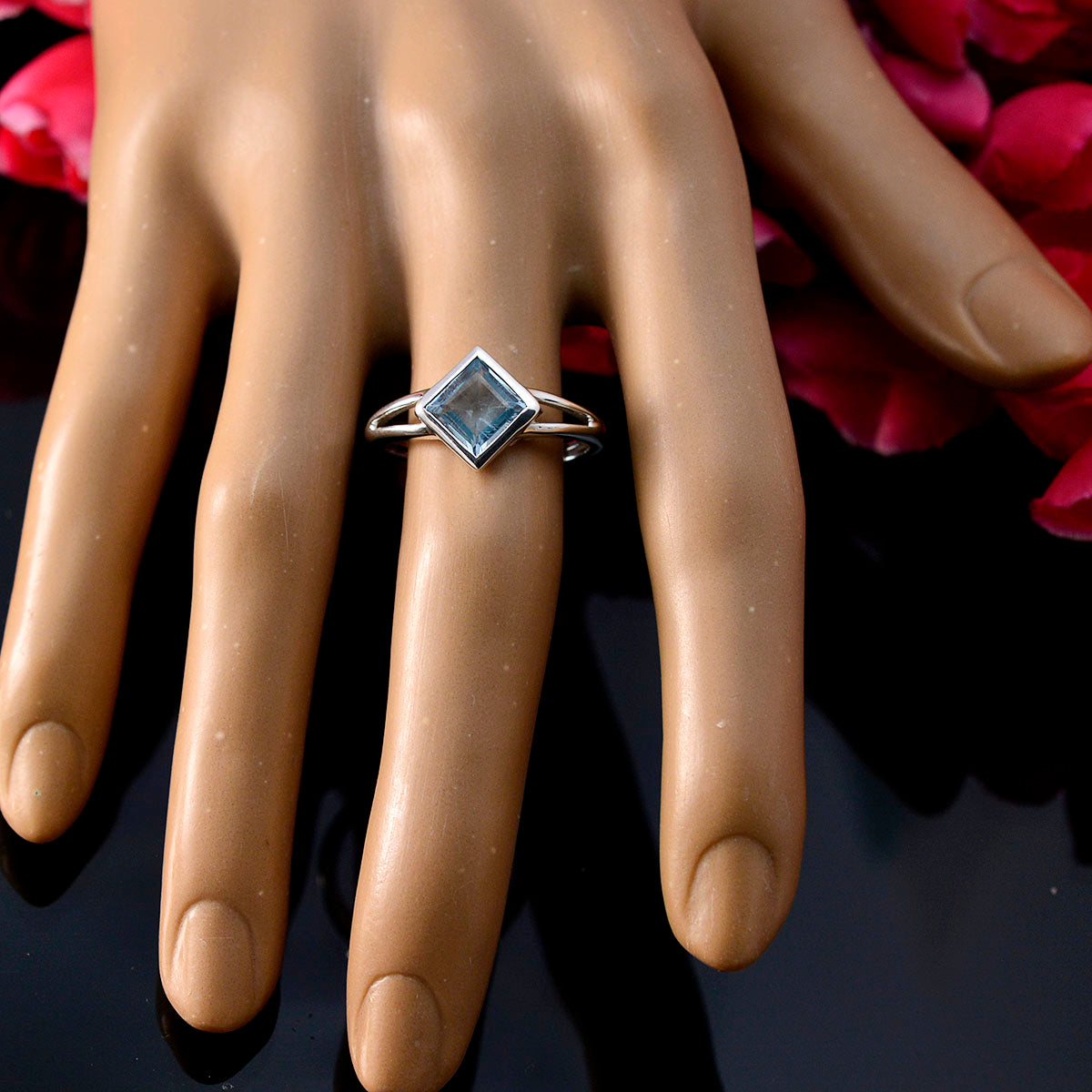 Blue Topaz Solitaire Turkish Silver Blue Gems Dainty Graceful Ring Jewelry