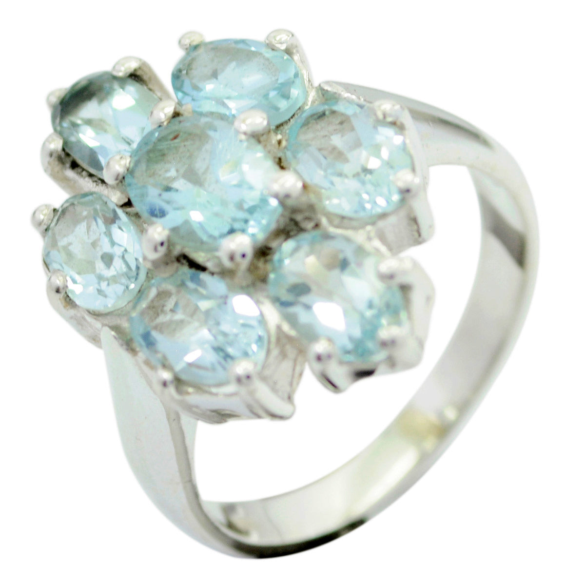 Blue Topaz Hepta Indian 92.5 Silver Blue Gemstone Mid weight Floral Ring Jewellery