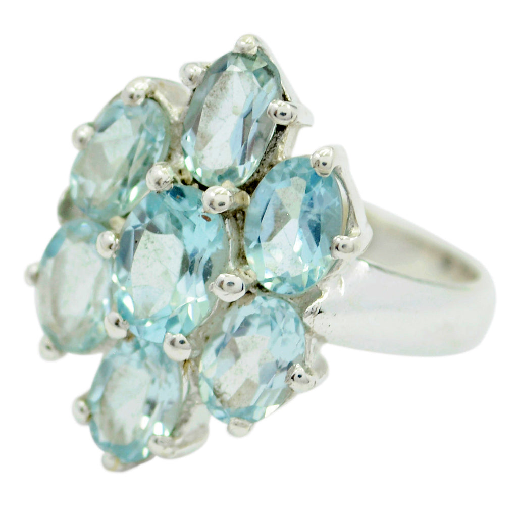 Blue Topaz Hepta Indian 92.5 Silver Blue Gemstone Mid weight Floral Ring Jewellery