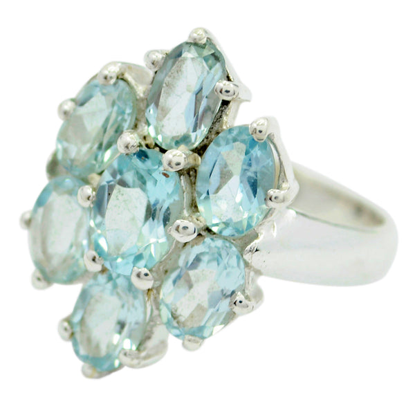Blue Topaz Hepta Indian 92.5 Silver Blue Gemstone Mid weight Floral Ring Jewellery
