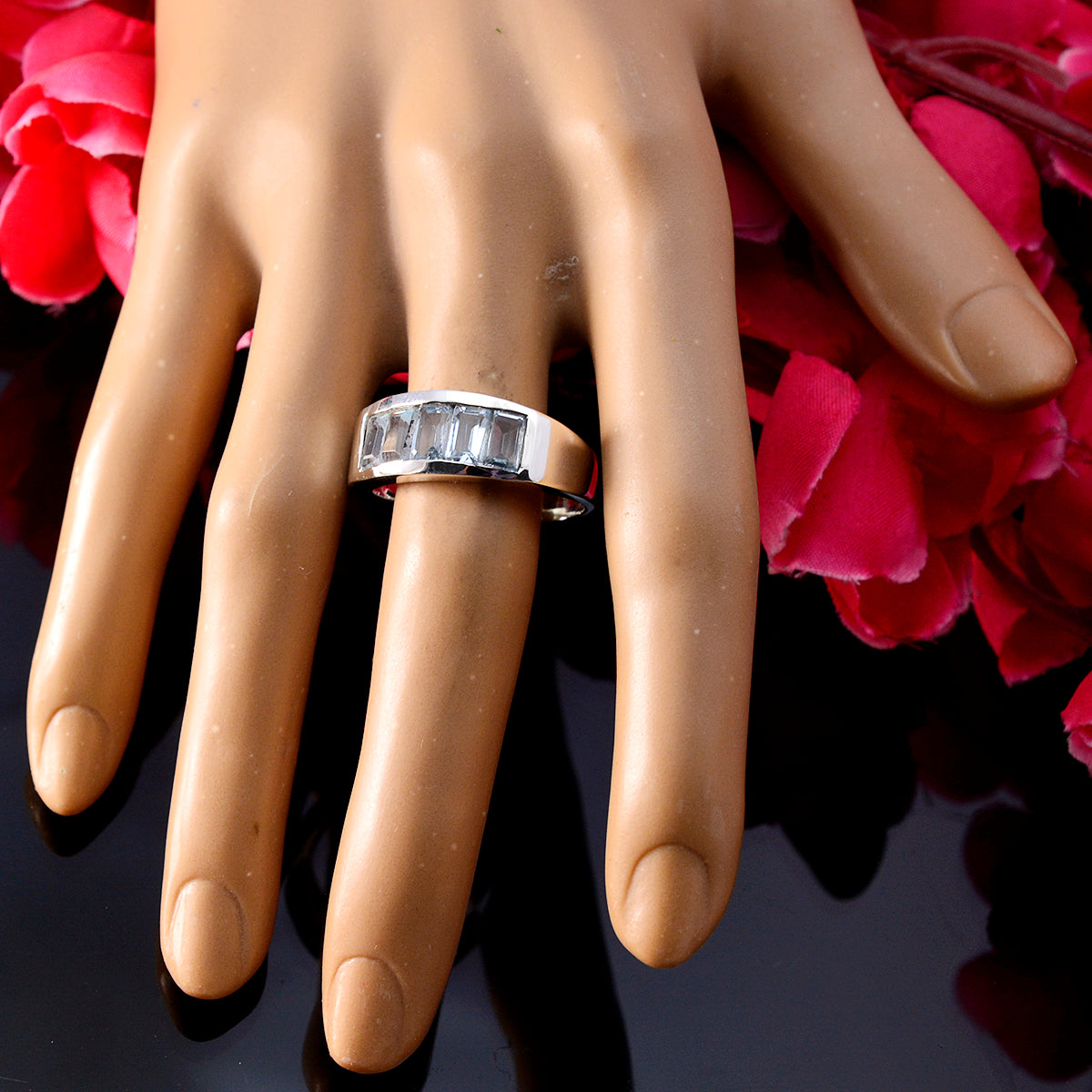 Blue Topaz Penta German 925 Sterling Silver Blue Gemstone Mid weight Abstract Ring Jewellery