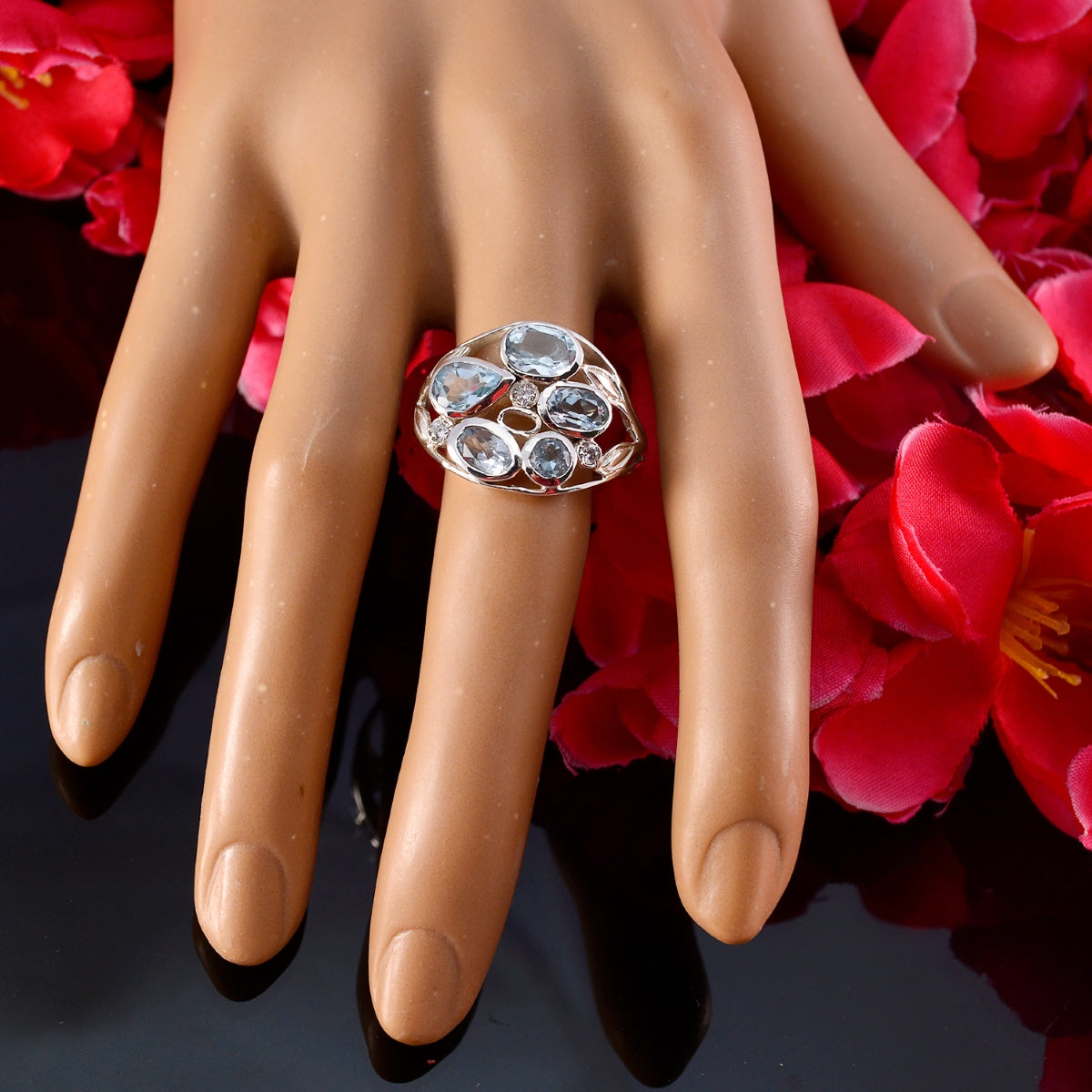 Blue Topaz Penta African 925 Sterling Silver Blue Gemstone Slim Sophisticated Ring Jewelry