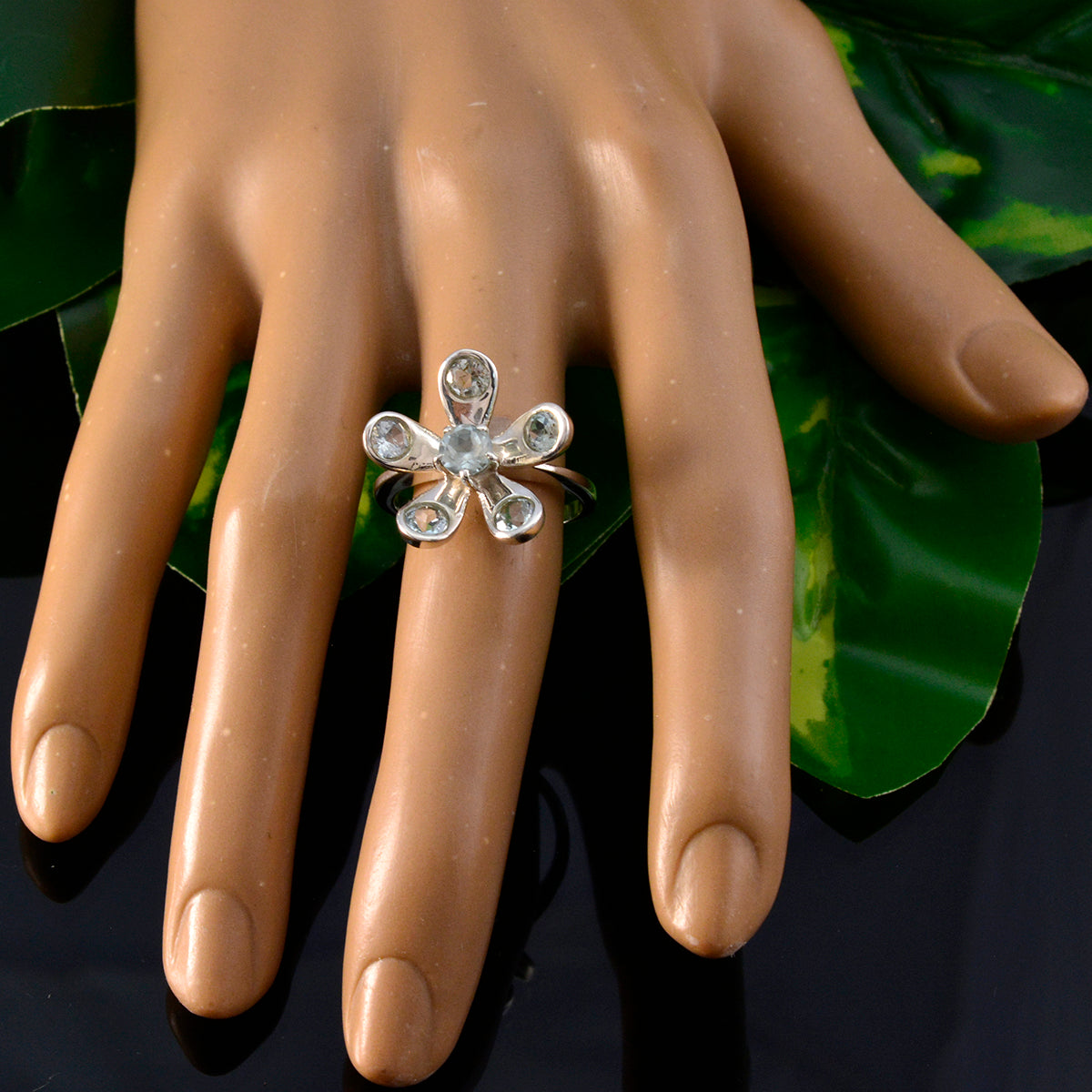 Blue Topaz Hexa Russian 925 Sterling Silver Blue Gemstone Classic Floral Ring Jewellery