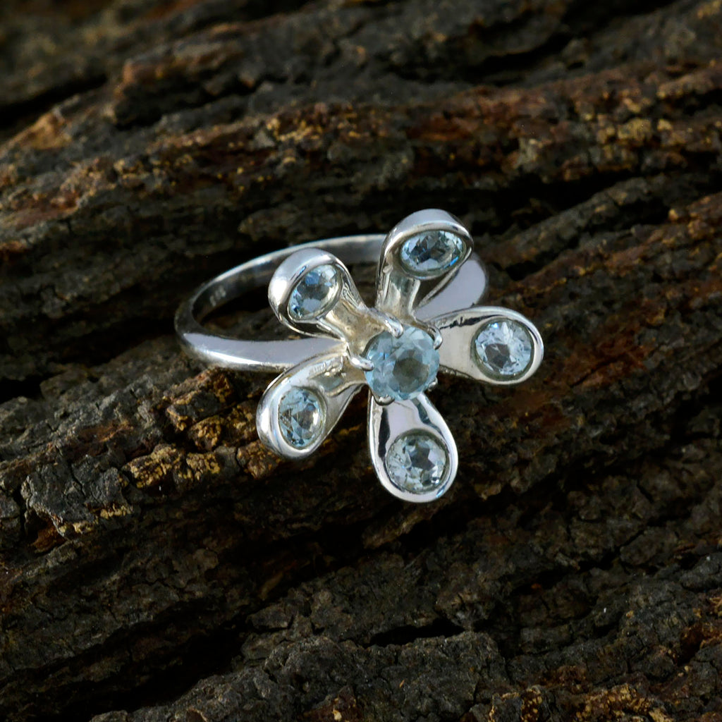 Blue Topaz Hexa Russian 925 Sterling Silver Blue Gemstone Classic Floral Ring Jewellery