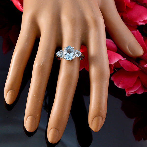 Blue Topaz Trilogy French 925 Sterling Silver Blue Gemstones Featherlight Trendy Ring Jewelry