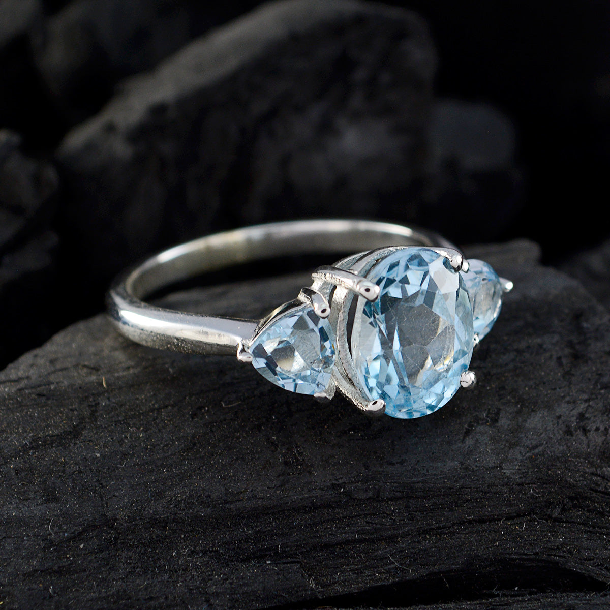 Blue Topaz Trilogy French 925 Sterling Silver Blue Gemstones Featherlight Trendy Ring Jewelry