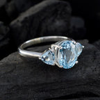 Blue Topaz Trilogy French 925 Sterling Silver Blue Gemstones Featherlight Trendy Ring Jewelry
