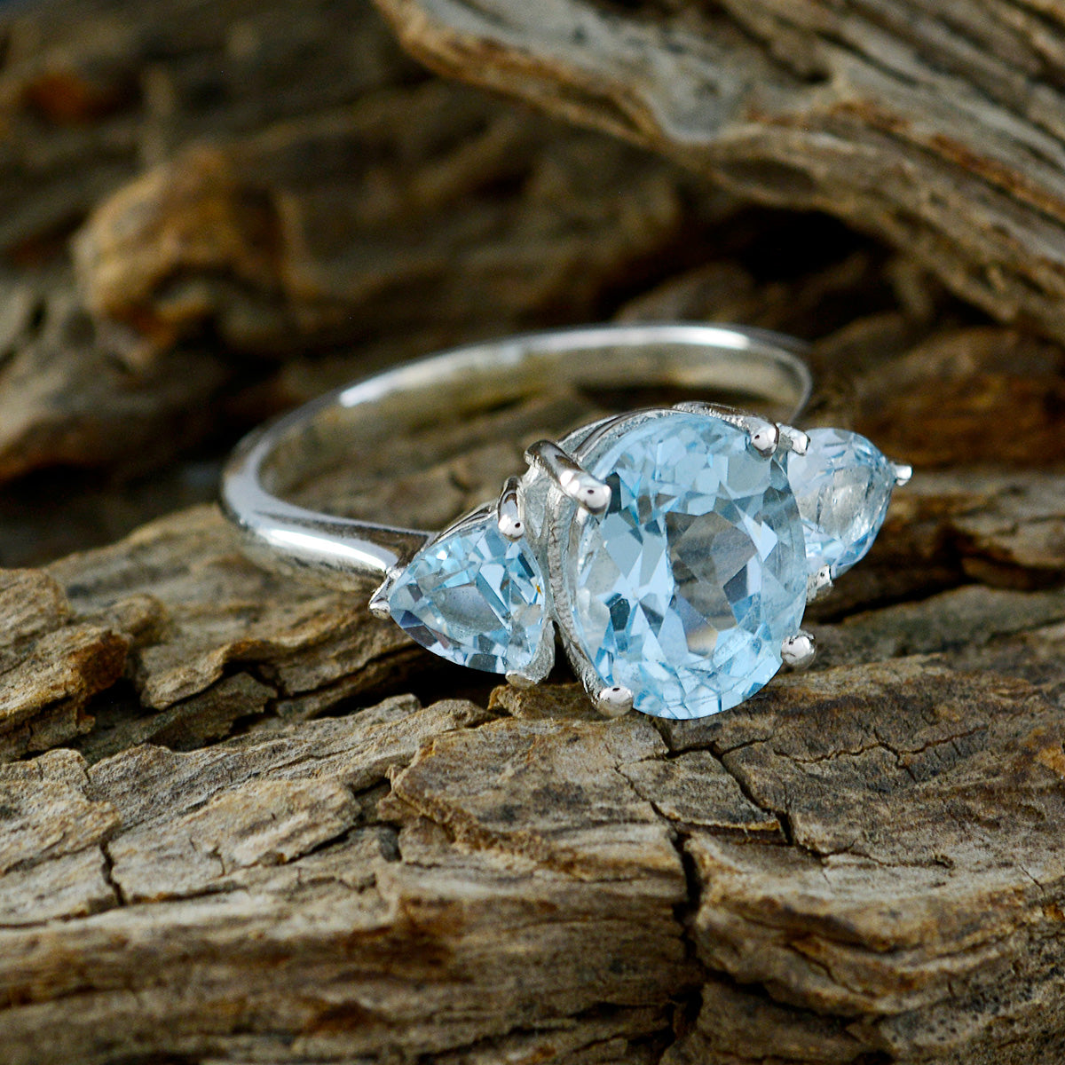 Blue Topaz Trilogy French 925 Sterling Silver Blue Gemstones Featherlight Trendy Ring Jewelry