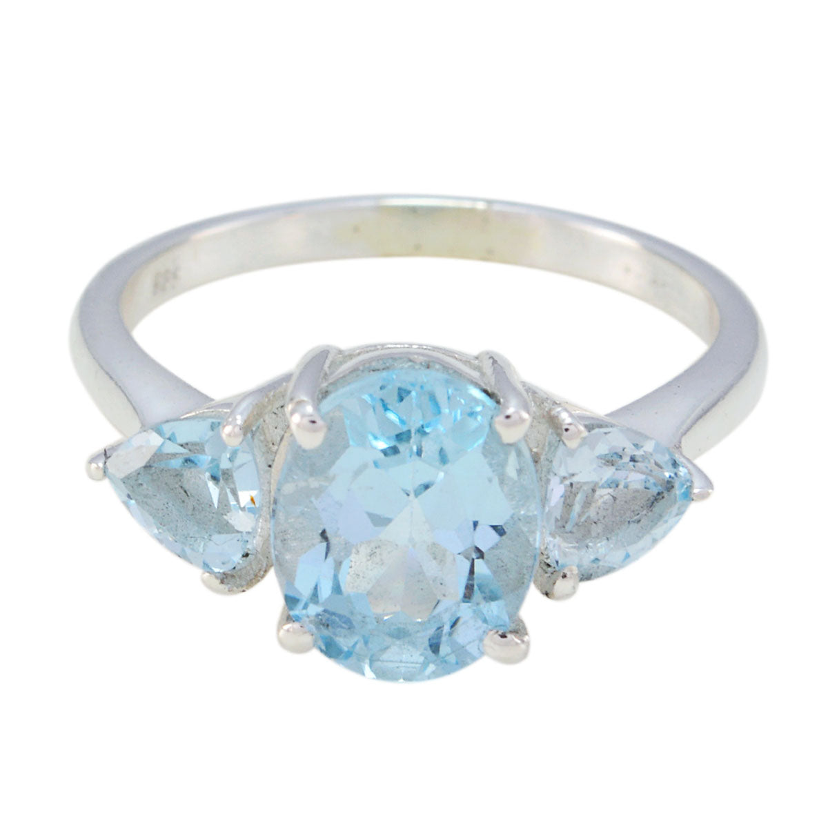 Blue Topaz Trilogy French 925 Sterling Silver Blue Gemstones Featherlight Trendy Ring Jewelry
