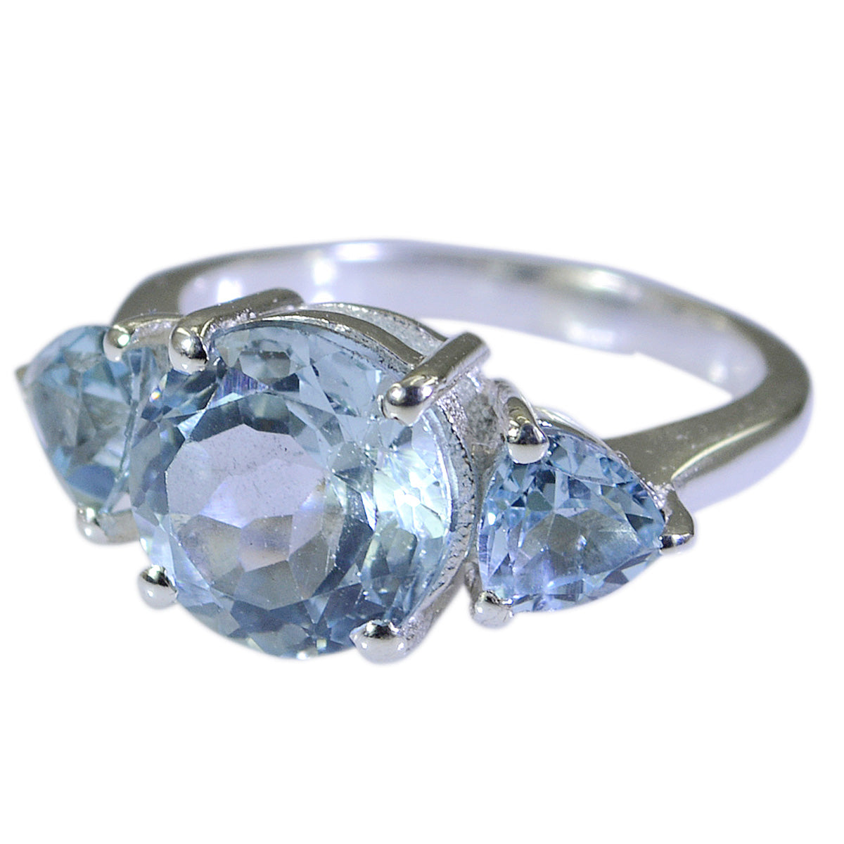 Blue Topaz Trilogy French 925 Sterling Silver Blue Gemstones Featherlight Trendy Ring Jewelry