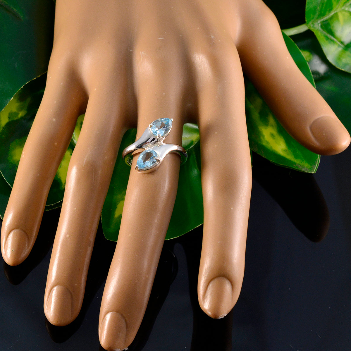 Blue Topaz Toi et Moi German Silver Blue Gems Slim Cultural Ring Jewellery