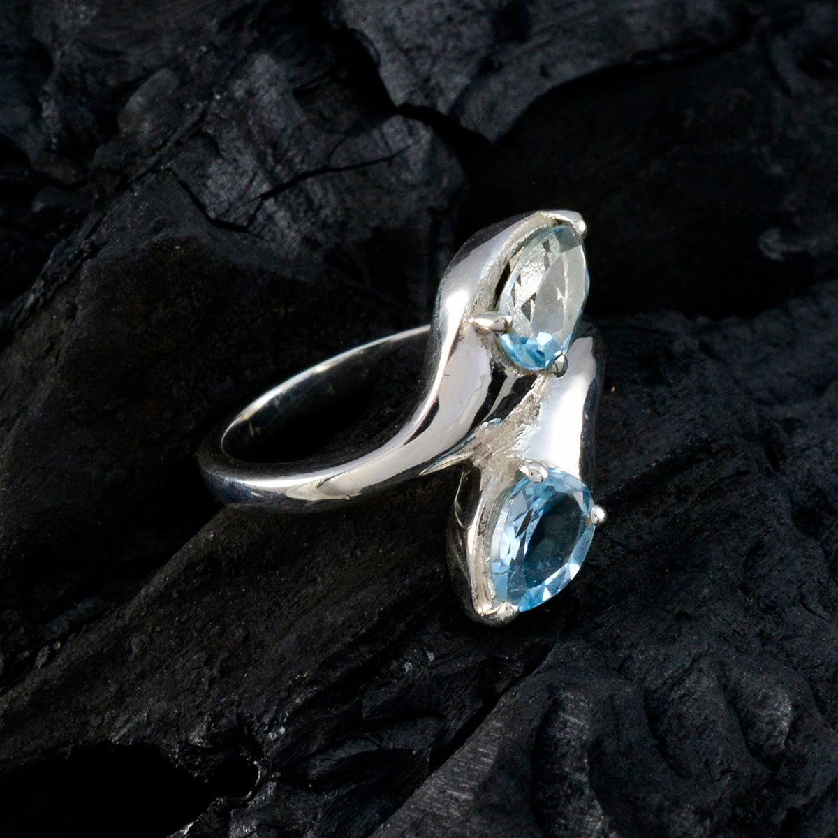 Blue Topaz Toi et Moi German Silver Blue Gems Slim Cultural Ring Jewellery