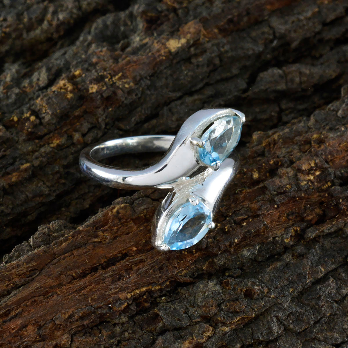 Blue Topaz Toi et Moi German Silver Blue Gems Slim Cultural Ring Jewellery