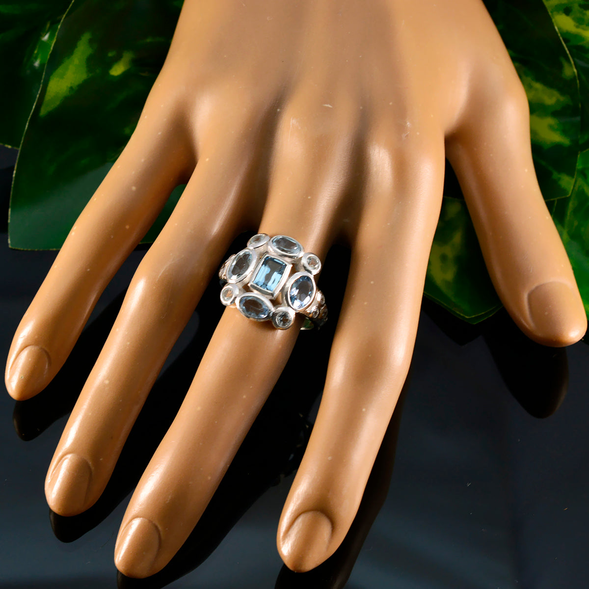 Blue Topaz Navratna Moroccan 92.5 Silver Blue Gemstones Classic Signet Ring Jewelry