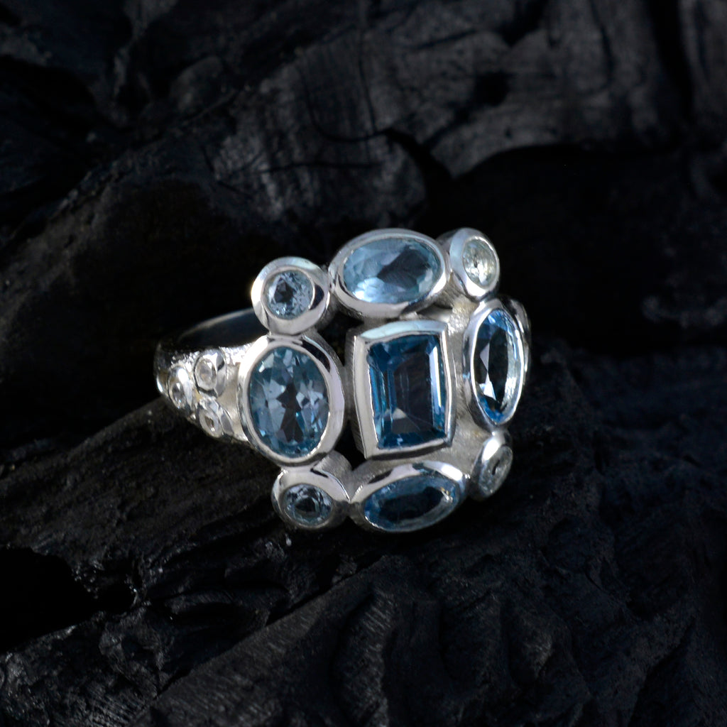 Blue Topaz Navratna Moroccan 92.5 Silver Blue Gemstones Classic Signet Ring Jewelry