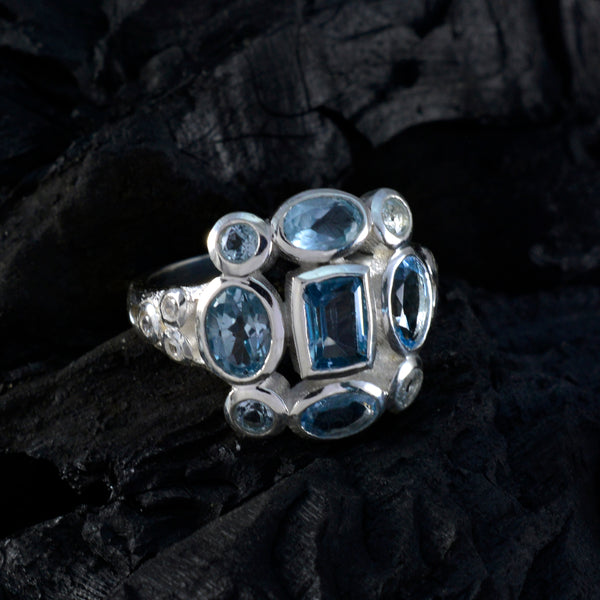 Blue Topaz Navratna Moroccan 92.5 Silver Blue Gemstones Classic Signet Ring Jewelry