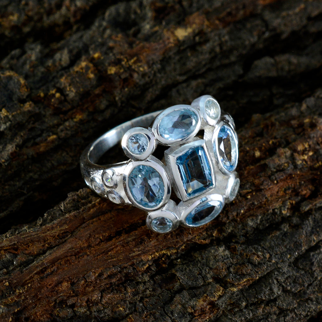 Blue Topaz Navratna Moroccan 92.5 Silver Blue Gemstones Classic Signet Ring Jewelry