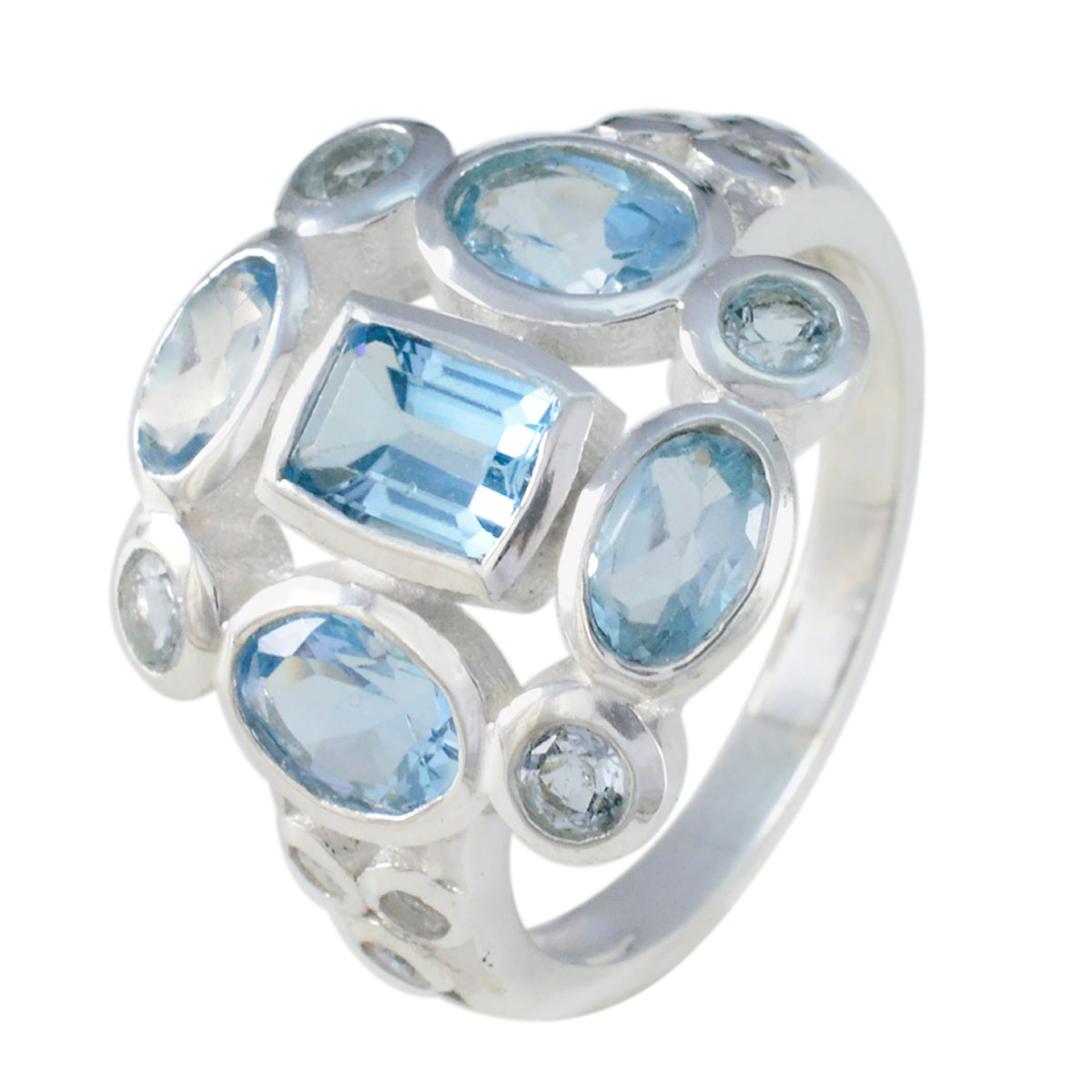 Blue Topaz Navratna Moroccan 92.5 Silver Blue Gemstones Classic Signet Ring Jewelry